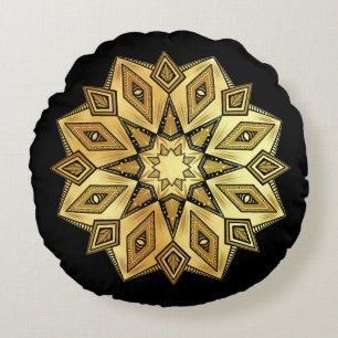 Gouden Ster Mandala op Zwarte Achtergrond Rond Kussen