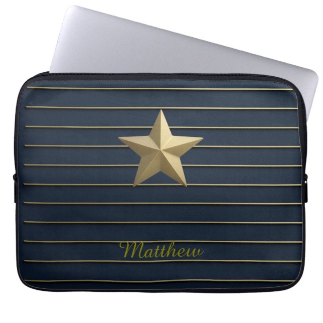 Gouden Ster op Navy Blue Laptop Sleeve (Voorkant)