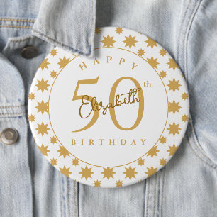 Gouden sterren 50e verjaardag aangepaste naam  ronde button 6,0 cm