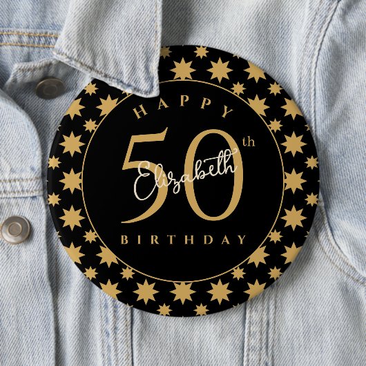 Gouden sterren 50e verjaardag aangepaste naam ronde button 6,0 cm (In situ)
