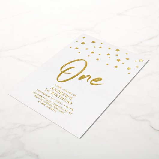 Gouden sterren | Een 1e verjaardag feest Folie Uitnodiging (Gedraaid)