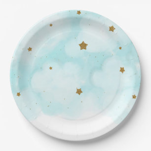 Gouden sterren en blauwe lucht wolken baby shower- papieren bordje
