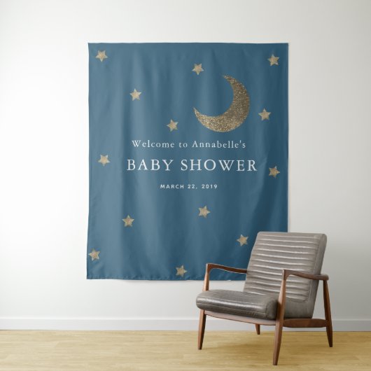 Gouden sterren en maan marineblauwe baby shower wa wandkleed (In situ)