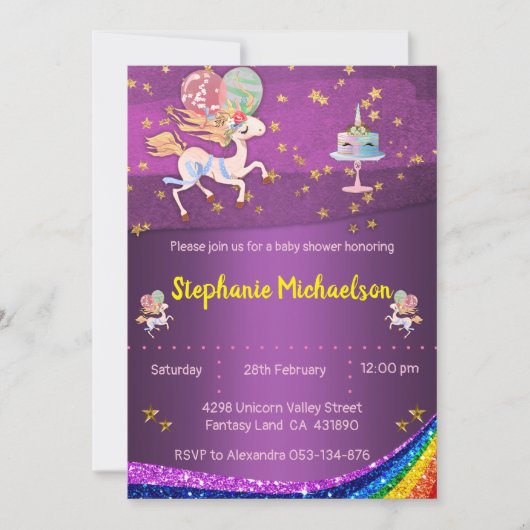 Gouden sterren en Paars Baby shower Unicorn Kaart (Voorkant)