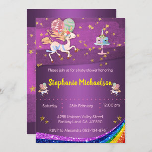 Gouden sterren en Paars Baby shower Unicorn Kaart