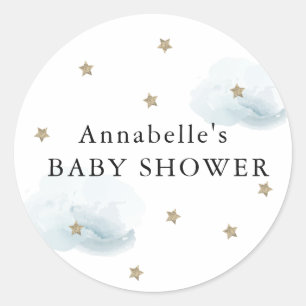 Gouden sterren en pluizige wolken baby shower stic ronde sticker