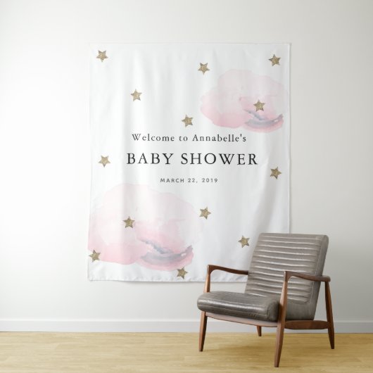 Gouden sterren en roze wolken Baby Shower wandklee Wandkleed (In situ)