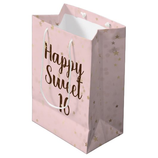 Gouden sterren en Stippen 16e verjaardag Medium Gi Medium Cadeauzakje (Voorkant Gekanteld)