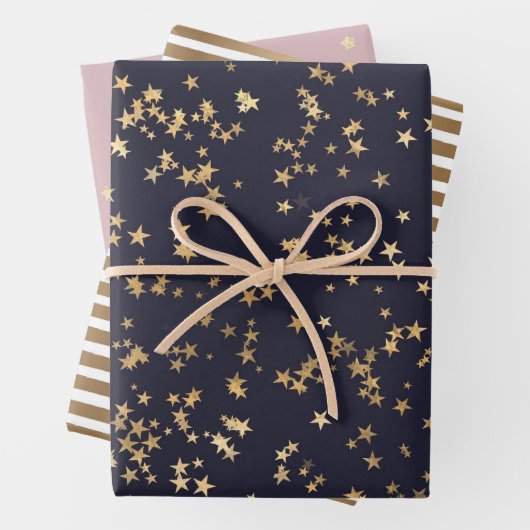 Gouden sterren en strepen Blush Navy Inpakpapier Vel (In situ)