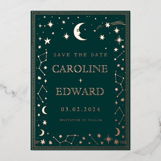 Gouden Sterren Maan Celestial Save the Date Folie Uitnodiging (Voorkant)