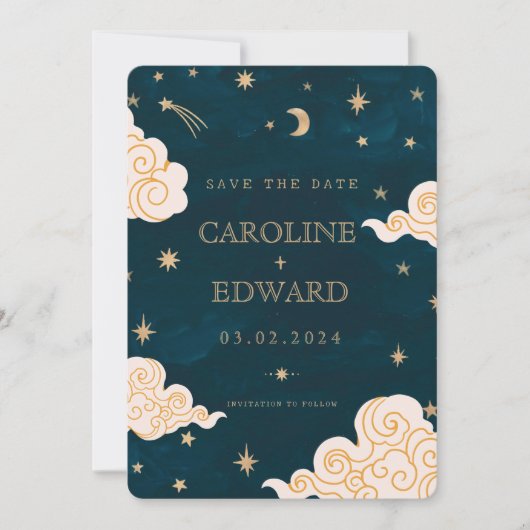 Gouden sterren maan Hemel Qr Code Save the Date (Voorkant)