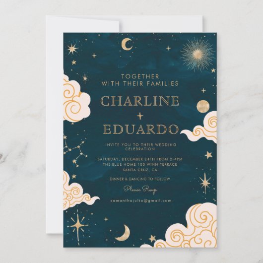 Gouden sterren maan indigo hemelfoto bruiloft kaart (Voorkant)