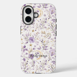 Gouden sterren Maan Paarse bloemen iPhone 16 Hoesje