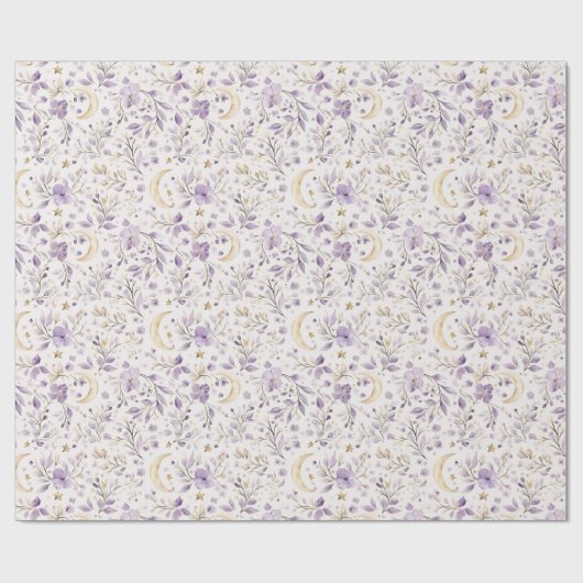 Gouden Sterren Maan Paarse Bloemen Verjaardag Cadeaupapier (Vlak)