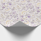 Gouden Sterren Maan Paarse Bloemen Verjaardag Cadeaupapier (Hoek)