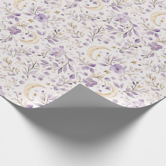 Gouden Sterren Maan Paarse Bloemen Verjaardag Cadeaupapier (Hoek)