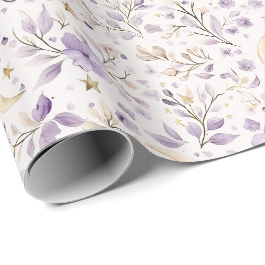Gouden Sterren Maan Paarse Bloemen Verjaardag Cadeaupapier (Rol Hoek)
