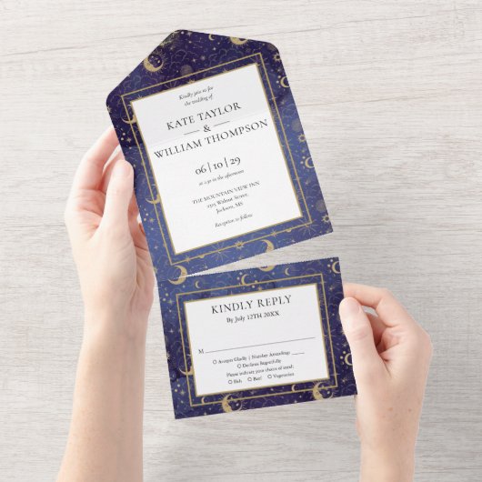 Gouden Sterren Maan Sterren Celestial Spiritueel B All In One Uitnodiging (Afscheurbaar)