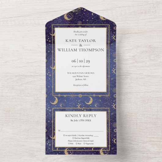 Gouden Sterren Maan Sterren Celestial Spiritueel B All In One Uitnodiging (Binnen)