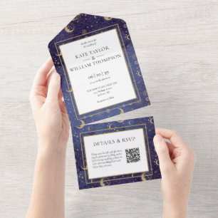 Gouden sterren maan sterren hemel QR-code bruiloft All In One Uitnodiging