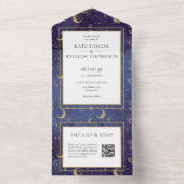 Gouden sterren maan sterren Hemels QR-code Huwelij All In One Uitnodiging (Binnen)