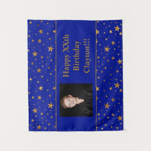 Gouden sterren met bericht foto op blauwe verjaard wandkleed (Voorkant)
