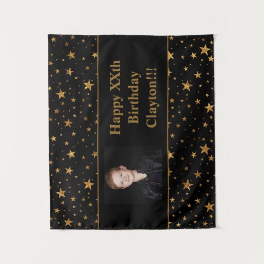 Gouden sterren met bericht foto op zwarte verjaard wandkleed (Voorkant)