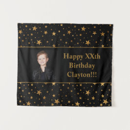 Gouden sterren met bericht foto op zwarte verjaard wandkleed