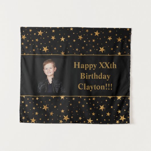 Gouden sterren met bericht foto op zwarte verjaard wandkleed (Voorkant (horizontaal))
