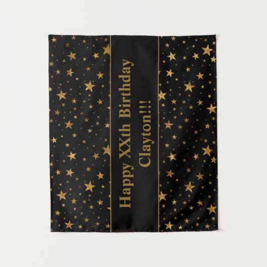 Gouden sterren met bericht op zwarte verjaardag wandkleed (Voorkant)