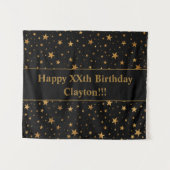 Gouden sterren met bericht op zwarte verjaardag wandkleed (Voorkant (horizontaal))