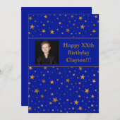 Gouden sterren met berichtfoto op blauwe dag kaart (Voorkant / Achterkant)