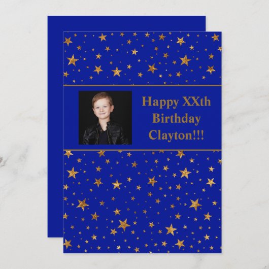 Gouden sterren met berichtfoto op blauwe dag kaart (Voorkant / Achterkant)