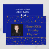 Gouden sterren met berichtfoto op blauwe dag kaart (Voorkant / Achterkant)