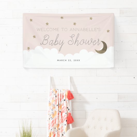 Gouden Sterren & Moon Roze Baby shower Banner (Insitu)