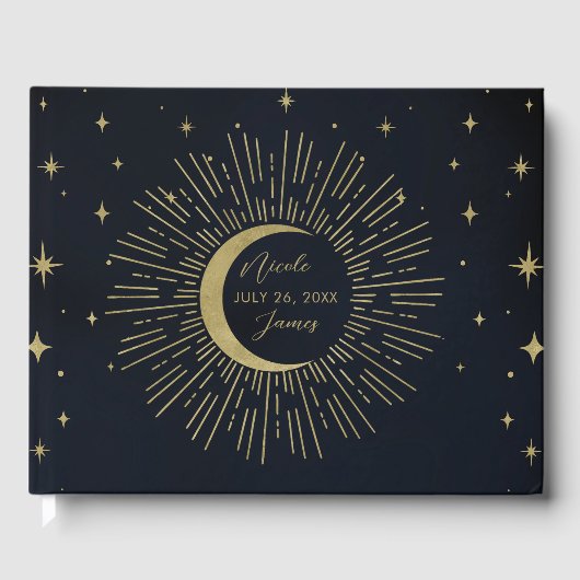 Gouden Sterren Nacht Hemelse Zonneuitbarsting Maan Gastenboek (Voorkant)