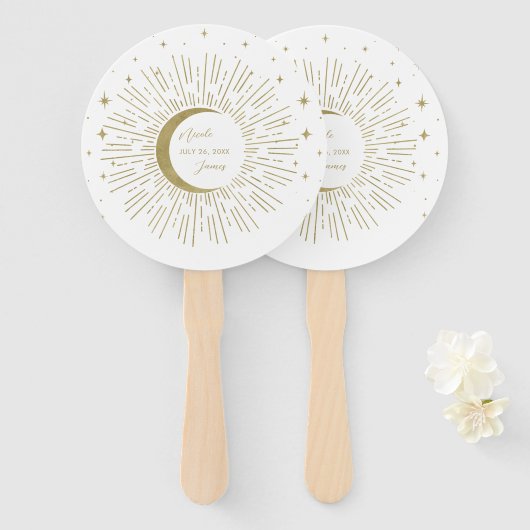 Gouden Sterren Nacht Hemelse Zonneuitbarsting Maan Handwaaier (Voorkant en achterkant)