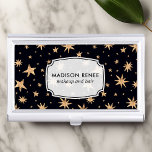 Gouden sterren Navy Blue Space Sky Trendy geperson Visitekaarthouder<br><div class="desc">Mooie gouden sterren op een donker marineblauw achtergrond sterrenstelsel patroon ontwerp. Personaliseer dit aangepaste ontwerp met uw eigen naam of tekst. Gold Stars Navy Blue Space Sky Trendy gepersonaliseerde visitekaartkoffer perfect voor make-up artiest,  cosmetoloog of salon.</div>