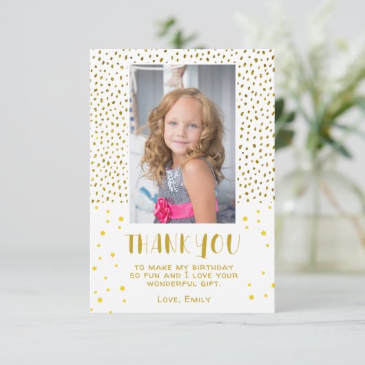 Gouden sterren nep glitters verjaardag kinderen me bedankkaart (Staand voorkant)