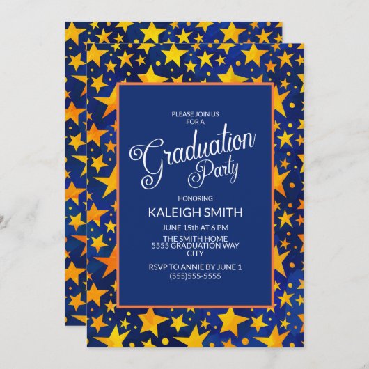 Gouden sterren op de Navy Blue Graduparty Kaart (Voorkant / Achterkant)
