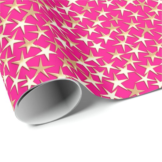 Gouden sterren op fuchsia roze cadeaupapier (Rol Hoek)