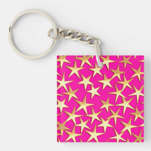 Gouden sterren op fuchsia roze sleutelhanger (Voorkant)