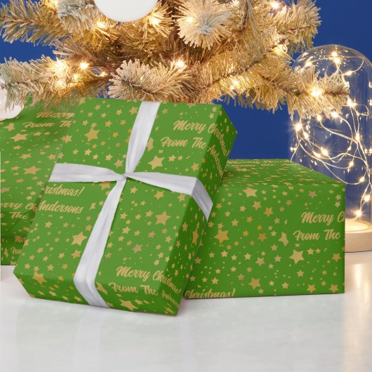 Gouden sterren op Green Merry Christmas Cadeaupapier (Feestdagen)
