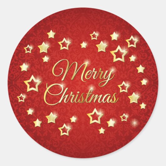 Gouden sterren op rode damast Vrolijk kerstfeest Ronde Sticker (Voorkant)