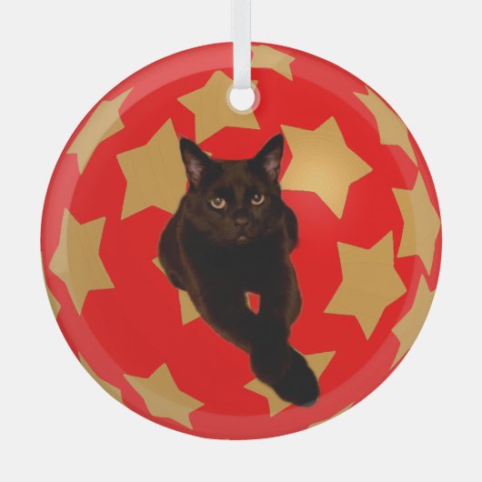Gouden Sterren op Rood met Black Cat's Foto Glas Ornament (Voorkant)