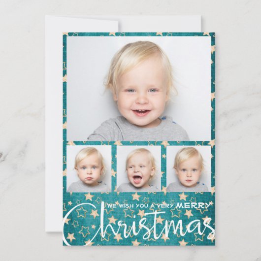 Gouden sterren op turquoise kerstkaart met meerder (Voorkant)