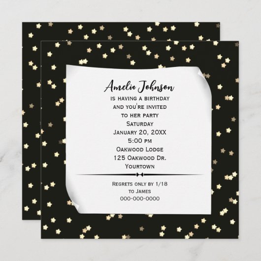 Gouden sterren op zwarte verjaardag uitnodigen kaart (Voorkant / Achterkant)