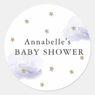Gouden sterren & pluizige lavendelwolken baby show ronde sticker