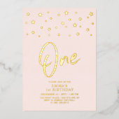 Gouden sterren | Roze 1 1e verjaardagsfeestje Folie Uitnodiging (Voorkant)