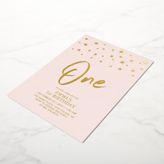 Gouden sterren | Roze 1 1e verjaardagsfeestje Folie Uitnodiging (Gedraaid)